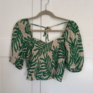 H&M Smocked Puff Sleeve Crop Top in Green Leaf Print